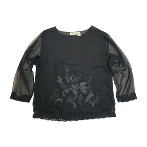 Vintage Victorias Secret Black Sheer Floral Embroidered Lace Trim Blouse Top L